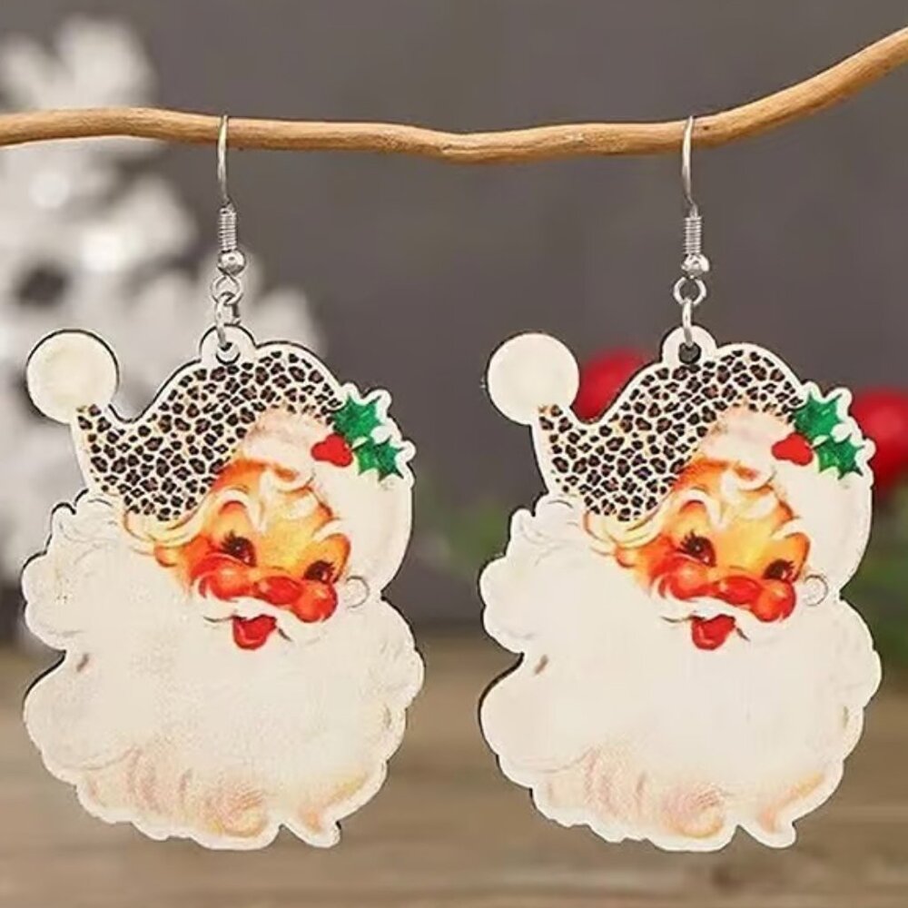 Wooden Leopard Print SANTA CLAUS Christmas Dangle Earrings